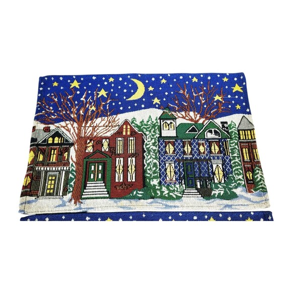 VTG Starry Snowy Night Winter Wonderland Set Of 2 Holiday Tapestry Placemats - Picture 5 of 8